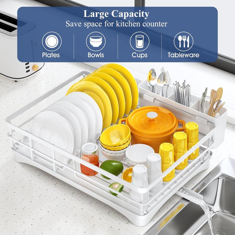 SNTD Dish Drying Rack for Kitchen Counter - Large Dish Rack with Drainboard, Rustproof Dish Drainer with Utensil Holder for Sink, White - Image 2